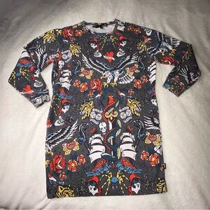LOVE MOSCHINO Tattoo Print shirt Dress, Long Sleeve, Size 44-3 Foot Long